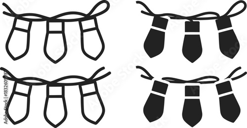 Two sets of sketched christmas lights minimalist design on — Outline, silhouette, and on transparent background. EPS 10.