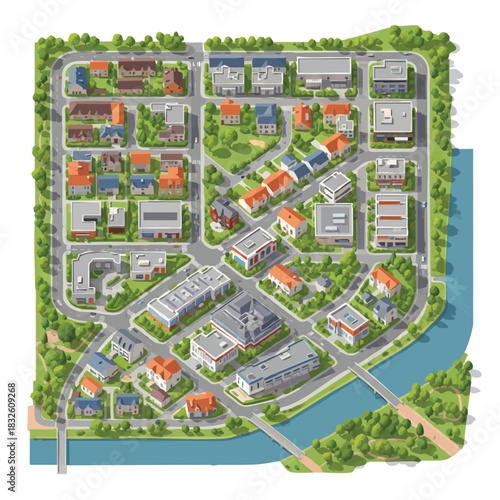 An illustrated aerial view of a modern town with various buildings, roads, trees, and a river, showcasing urban planning and community design.
