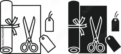 Craft supplies illustration with ribbon scissors and tag on — Outline, silhouette, and on transparent background. EPS 10.