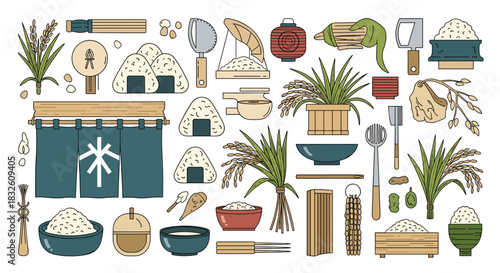 A collection of Japanese rice-themed illustrations in a simple line art style, including onigiri, rice paddies, and farming tools.