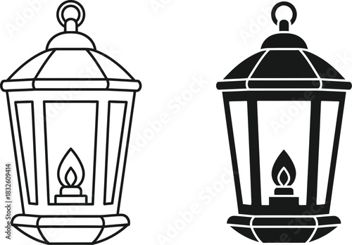 Two decorative lanterns in and filled styles on — Outline, silhouette, and on transparent background. EPS 10.