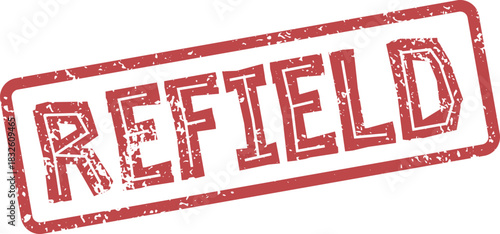 Distressed red rectangular rubber stamp impression displaying the word REFIELD in bold lettering