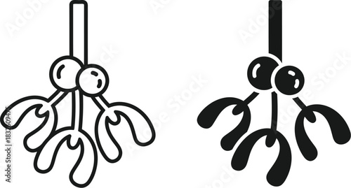 Two mistletoe sprigs in simple line art perfect for designs on — Outline, silhouette, and on transparent background. EPS 10.