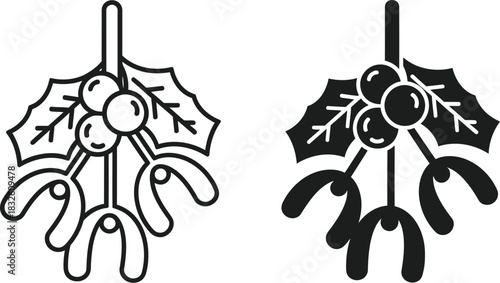 Two mistletoe sprigs in monochrome line art ideal for festive designs on — Outline, silhouette, and on transparent background. EPS 10.