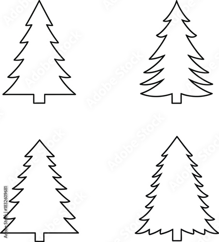 Four christmas tree s simple vector graphics on — Outline, silhouette, and on transparent background. EPS 10.
