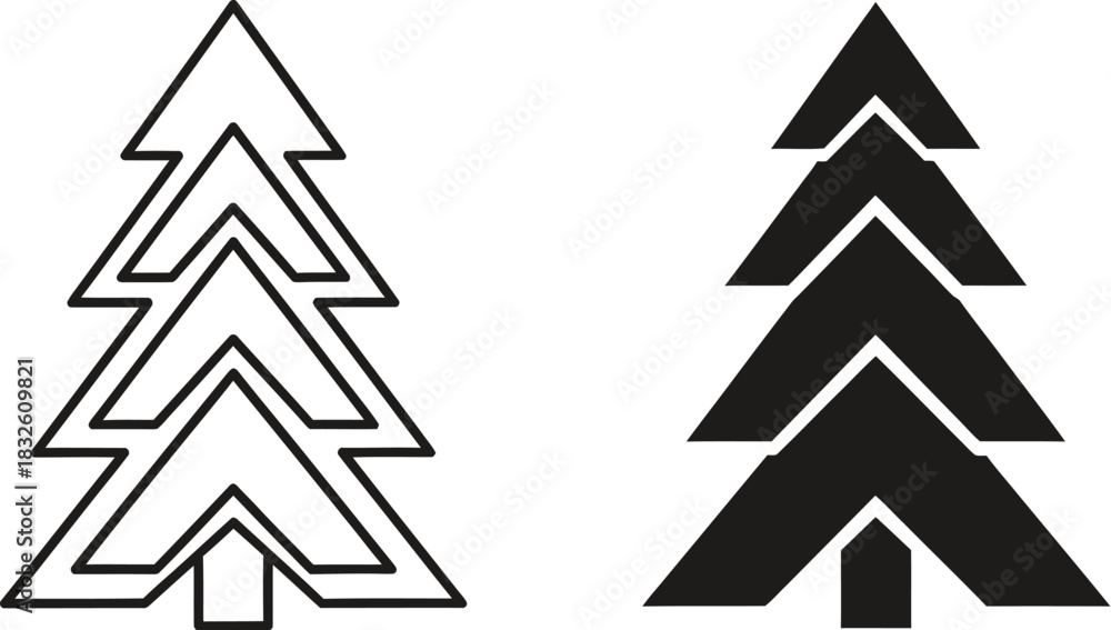 Obraz premium Two minimalist pine tree designs one d and one solid on — Outline, silhouette, and on transparent background. EPS 10.