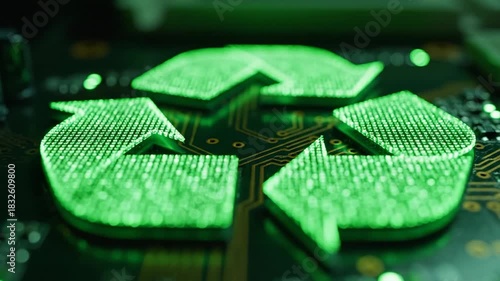 Digital recycling symbol glowing green on circuit board representing sustainable technology