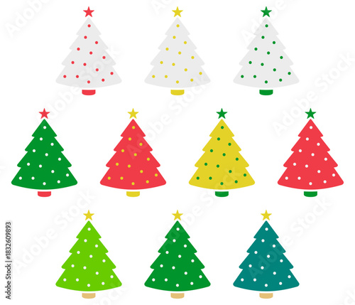 色とりどりのクリスマスツリーの森 赤白緑10パターンのカラーデザインセット
