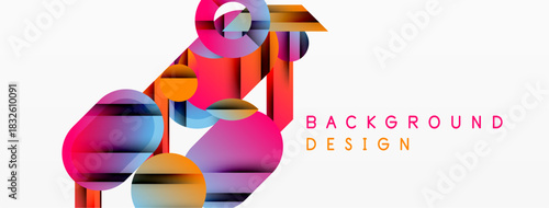 Abstract geometric shapes overlap, creating vibrant color gradients. Design features pinks, blues, oranges, plus white space. Modern aesthetic.