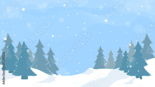 Winter Scenery Of Pine Tree Forest And Mountains With Clear Blue Sky And Snowflakes Falling In The Background