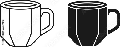Two geometric coffee cups illustration modern design black and white on — Outline, silhouette, and on transparent background. EPS 10.