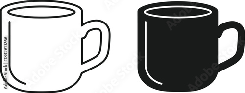Two coffee cups in differing styles on — Outline, silhouette, and on transparent background. EPS 10.