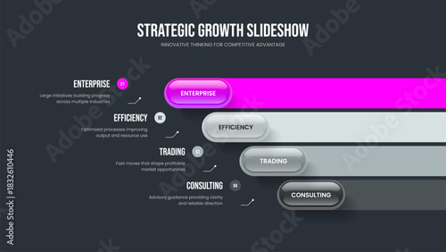 Investor Review 4 Step Infographic Slideshow Template. Professional Profile Slide Design Vector Illustration. Marketing Analysis Four Element Diagram Frame Layout.