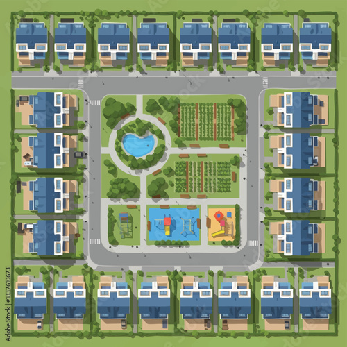 An aerial illustration showcases a meticulously planned residential community with houses, parks, and recreational areas, creating an organized neighborhood.