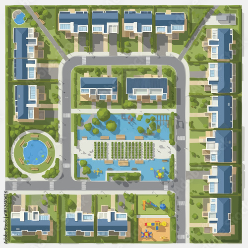 An aerial illustration showcases a meticulously planned residential neighborhood with houses, green spaces, and a central park, designed for community.