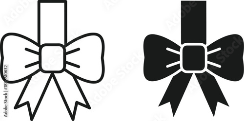 Two black bow designs with flowing ribbons on — Outline, silhouette, and on transparent background. EPS 10.