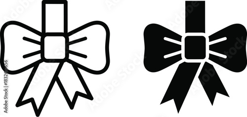 Two decorative ribbon bows in black simple design on — Outline, silhouette, and on transparent background. EPS 10.