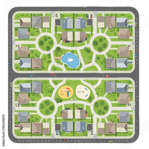 An aerial vector illustration of a planned residential neighborhood showcasing houses, roads, parks, and a tranquil pond with a swan.