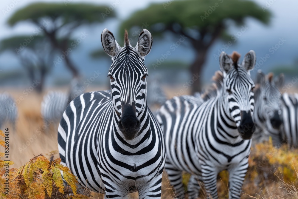 Naklejka premium a large herd of zebras and other animals on the african plains, surrounded by clouds