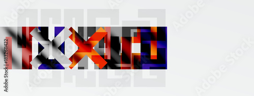 Abstract geometric composition. Squares, rectangles overlap creating complex visual texture. Dark, muted colors dominate design.