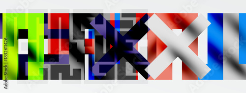 Abstract geometric composition. Bright colors, sharp edges, pixelated style. Modern digital art piece, bold design.