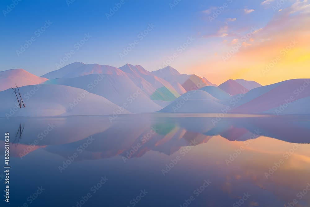Fototapeta premium Serene mountain range reflecting in water under a pastel sunrise creating a peaceful scene