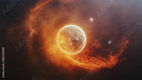 Cosmic celestial body surrounded by fiery energy
