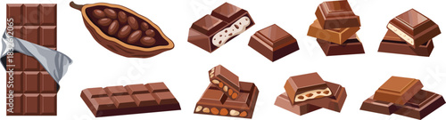 Assorted chocolate bars and cocoa pod illustration showing milk, dark, and nut-filled chocolates in various shapes and textures for confectionery design