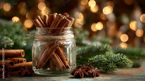 Rustic Glass Jar with Cinnamon Sticks Surrounded by Star Anise and Evergreen Branches, Warm Holiday Composition with Golden Bokeh Lights