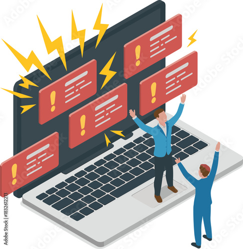 multiple warning notifications flooding a laptop screen as businesspeople react to system errors, digital threats, and urgent alert messages