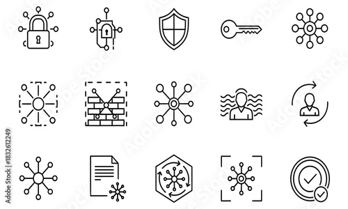 Collection of Technology and Security Icons representing data protection, network connections, and digital safety