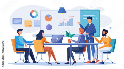 Diverse business team analyzing data on digital dashboard during collaborative meeting in modern office