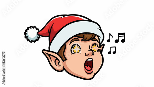 Elf character head singing Christmas carol, mouth open, big shining eyes, winter hat and musical note detail. Bold outline festive vector on white perfect for Christmas card designs and event posters.