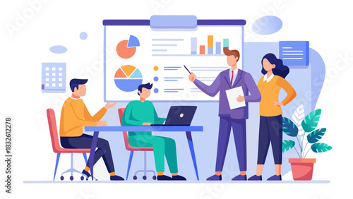 Diverse business team analyzing data on digital dashboard during collaborative office meeting