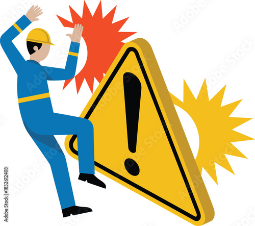 worker facing a safety hazard near a warning sign, symbolizing workplace accidents, danger awareness, and industrial safety precautions