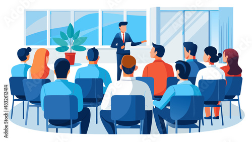 Professional business seminar with diverse team listening to speaker in bright modern office with city view