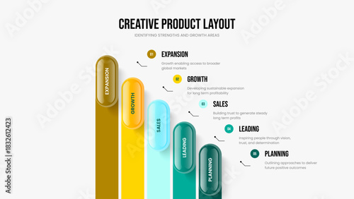 Service Briefing 5 Step Diagram Presentation Layout. Consulting Introduction Five Element Infographic Slideshow Template. Corporate Portfolio Slide Design Vector Illustration.