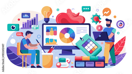 Diverse team collaborating on digital marketing strategy with data analytics and creative tools in modern office