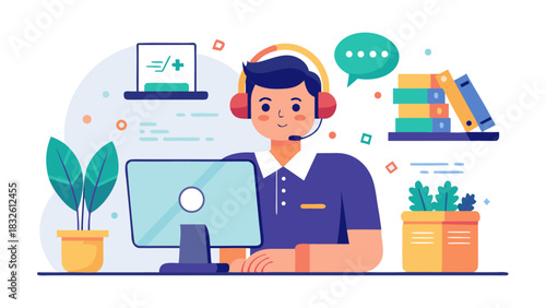 Customer support agent working at desk with computer and headset