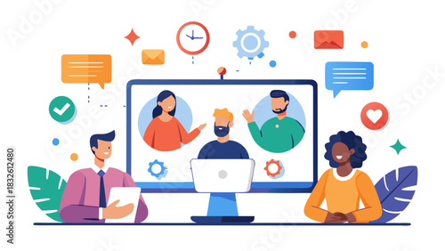 Diverse team collaborating in virtual video conference meeting for remote work and business communication