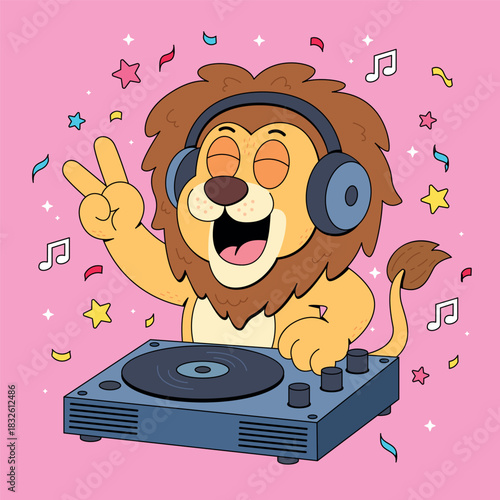 Happy DJ Lion Spinning Tunes