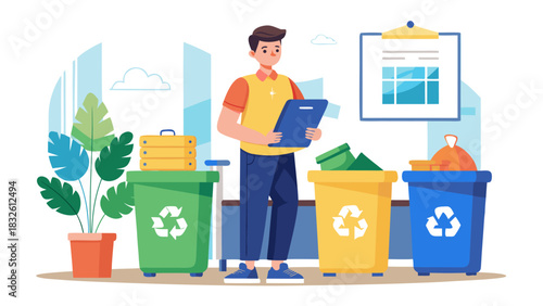 man sorting recyclables in office with recycling bins