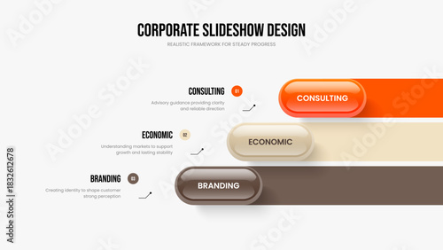 Company Portfolio Three Option Infographic Slide Layout. Financial Growth 3 Step Diagram Frame Template. Professional Planning Presentation Design Vector Illustration.