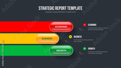 Company Strategy Three Element Infographic Slide Layout. Advertising Growth 3 Option Diagram Presentation Design. Service Briefing Slideshow Template Vector Illustration.