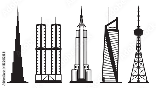 Collection of famous building silhouettes vector illustration of architectural landmarks isolated on white background