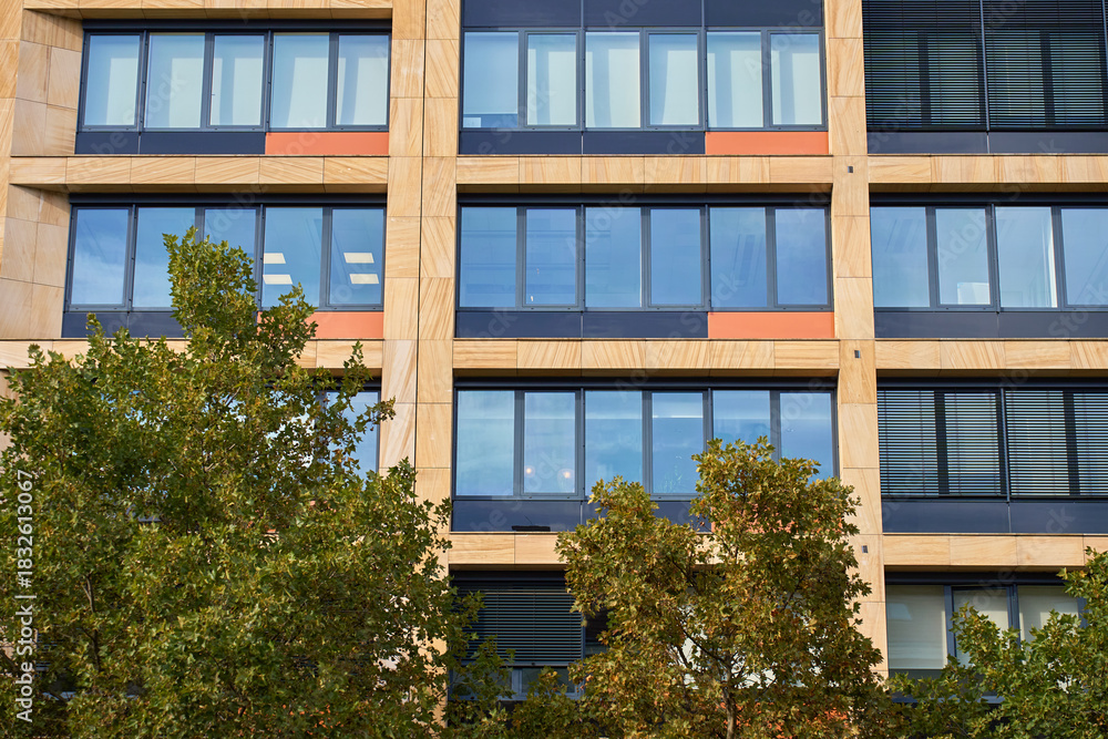 Fototapeta premium Facade of modern office building with large windows and trees in front. Concept of urban architecture and contemporary workplace