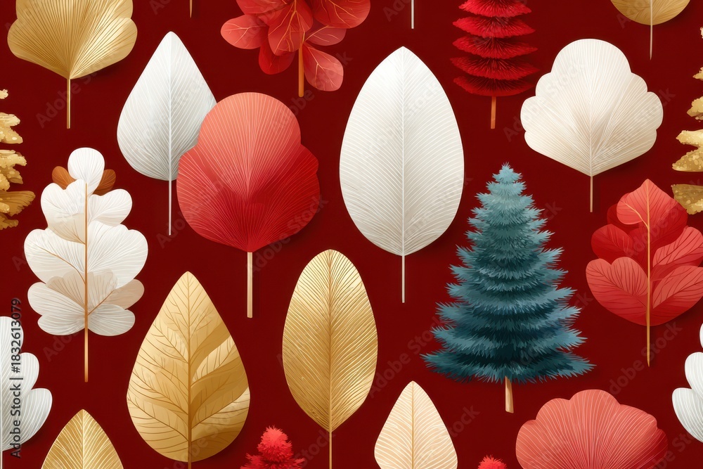 Fototapeta premium Decorative autumn leaves and evergreen tree pattern on red background for seasonal design