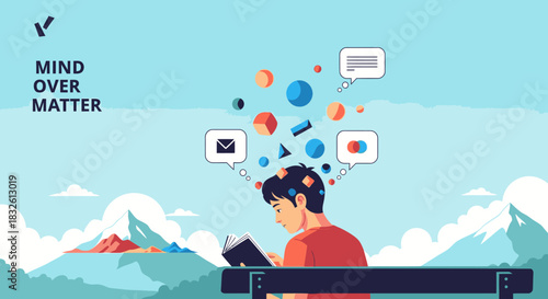 A focused individual reads a book in a peaceful outdoor setting, visualizing abstract ideas and communication concepts, embodying the power of mind over matter.