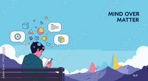This illustration shows a person reading a book, with abstract thoughts symbolizing knowledge and focus, embodying the powerful "Mind Over Matter" concept.