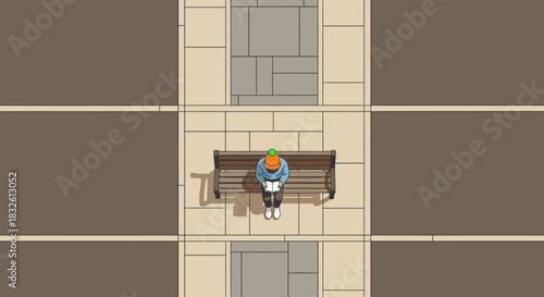 An engaging top-down illustration captures a lone individual, dressed in a blue jacket and orange hat, sitting peacefully on a park bench on a paved urban path.